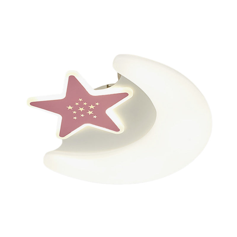 Kids Moon And Star Flush Mount Acrylic Led Ceiling Light Fixture: Pink/Blue Finish For Bedroom