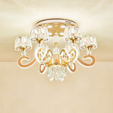 Modern Gold Semi Flush Mount Ceiling Light With Crystal Accents - 6/8 Bulbs Led Metal Scroll Arms