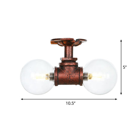 Antiqued Led Flush Mount Lamp With 2 Lights - Clear Glass & Copper Semi Lighting Ball