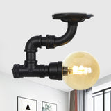 Vintage Black 1-Light Ball Semi Flush Mount Ceiling Lamp With Amber Glass Finish / B