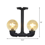 2-Head Semi-Flush Industrial Ball Amber Glass Ceiling Fixture In Black