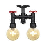 2-Head Semi-Flush Industrial Ball Amber Glass Ceiling Fixture In Black