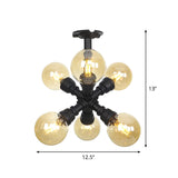 Industrial Black Ball Semi-Flush Ceiling Light - Amber Glass Led Flushmount (4/5/6-Light)