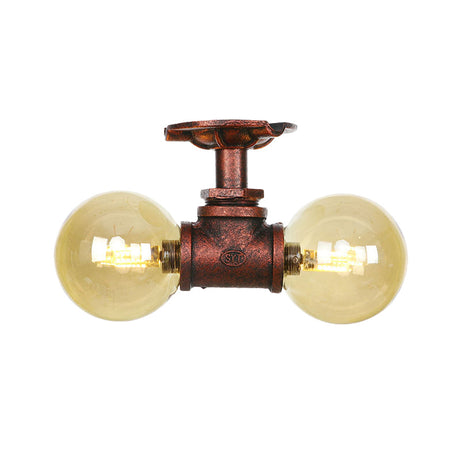 Farmhouse Led Amber Glass Copper Flushmount Light With 2 Heads - Semi Flush Ceiling Fixture