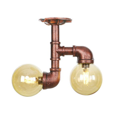 Rustic Amber Glass Semi Flush Light Fixture For Restaurants: Orb Design 2 Copper Lights