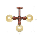 Amber Glass Copper Semi Flush Light Sphere Led Ceiling Fixture - Farmhouse Style