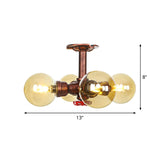 Amber Glass Copper Semi Flush Light Sphere Led Ceiling Fixture - Farmhouse Style