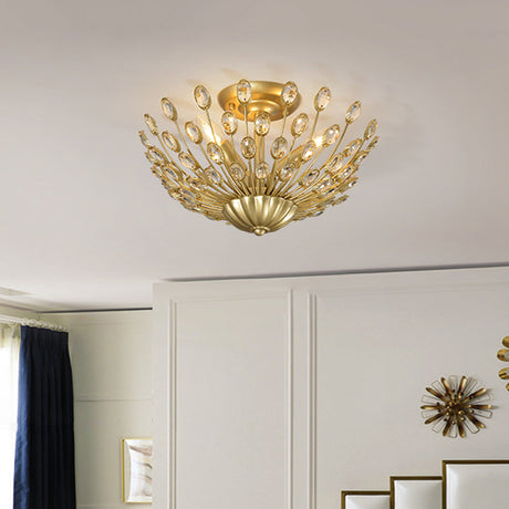 Vintage Crystal Bowl Semi-Flush Ceiling Lamp With Gold Finish For Bedroom - 3 Bulbs