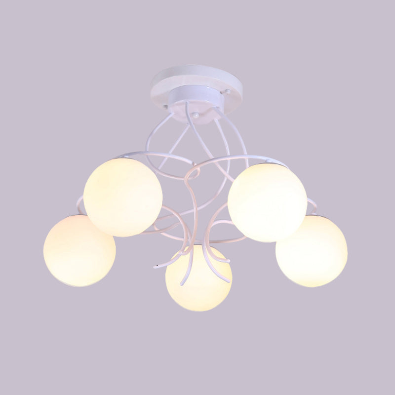 Modern Iron Swirling Semi Flush Ceiling Light With Opal Glass Shade - 5 Heads Black/White Finish