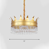 Gold Crown Chandelier With Crystal Droplets - Modern 4-Bulb Pendant Light For Living Room
