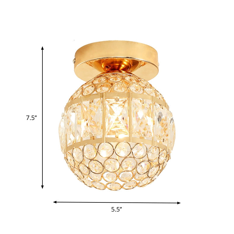 Minimalistic Led Flushmount Lighting: Cylinder/Globe Shaped Crystal Lamp Gold-Finished