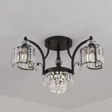Modern Metallic Curved Arm Semi Flush Mount Ceiling Light In Black With Crystal Cylinder Shade -