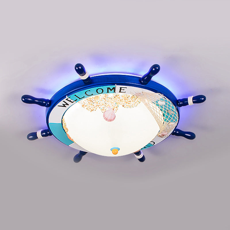 Flush Mount Wood Ship Rudder Led Ceiling Light In Mediterranean Blue/Light-Blue With Matte Glass