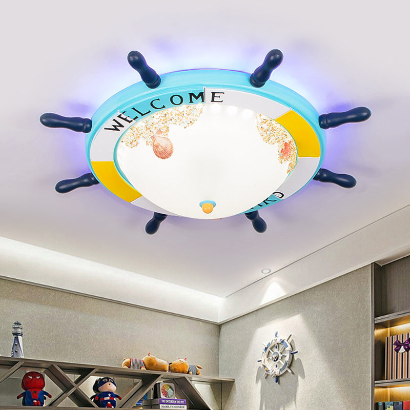 Flush Mount Wood Ship Rudder Led Ceiling Light In Mediterranean Blue/Light-Blue With Matte Glass