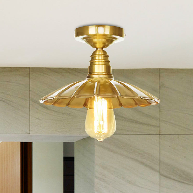 Vintage Waveforms/Scalloped Shade Semi Flush Ceiling Light - Brass Finish 8/9.5 W Metal Fixture
