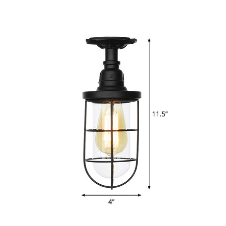 Semi Flushmount Antiqued Black Iron Ceiling Lamp With Clear Glass Shade