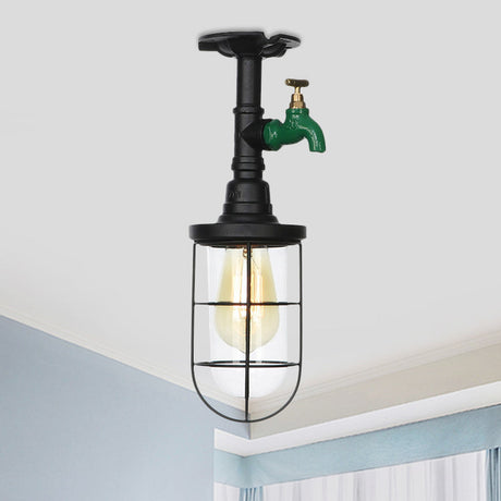 Semi Flushmount Antiqued Black Iron Ceiling Lamp With Clear Glass Shade / D