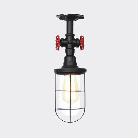 Industrial Black Cage Semi Flush Mount Ceiling Fixture With Clear Glass Valve Decor For Balcony