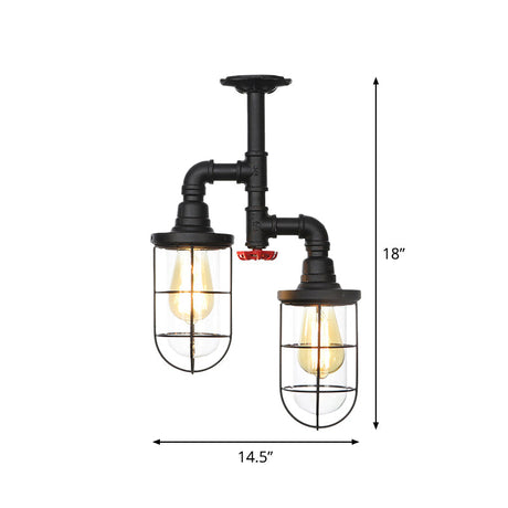 Farmhouse Wire Cage Flushmount Ceiling Fixture - Clear Glass Black Finish 2 Bulbs