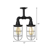 Vintage Black Caged Semi Flush Mount Ceiling Lamp With Clear Glass - 2 Heads Lighting