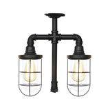 Vintage Black Caged Semi Flush Mount Ceiling Lamp With Clear Glass - 2 Heads Lighting