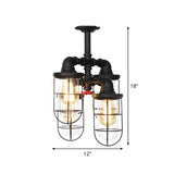 Sleek Black 3/4-Light Semi Mount Industrial Clear Glass Cage Lamp Fixture