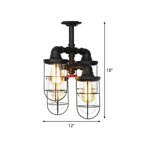 Sleek Black 3/4-Light Semi Mount Industrial Clear Glass Cage Lamp Fixture