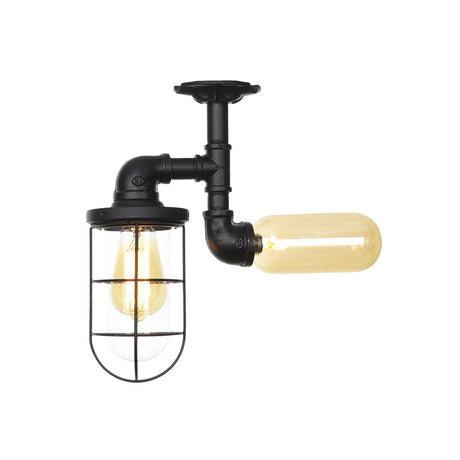 Vintage Black Ceiling Mounted Light With Clear Glass Orb And Cage For Corridors (2 Lights)