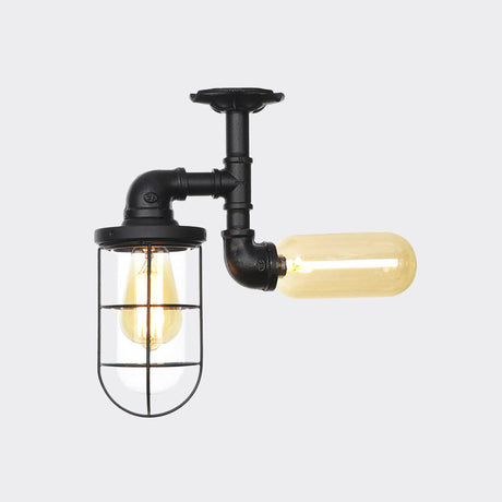 Vintage Black Ceiling Mounted Light With Clear Glass Orb And Cage For Corridors (2 Lights)
