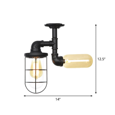 Vintage Black Ceiling Mounted Light With Clear Glass Orb And Cage For Corridors (2 Lights)