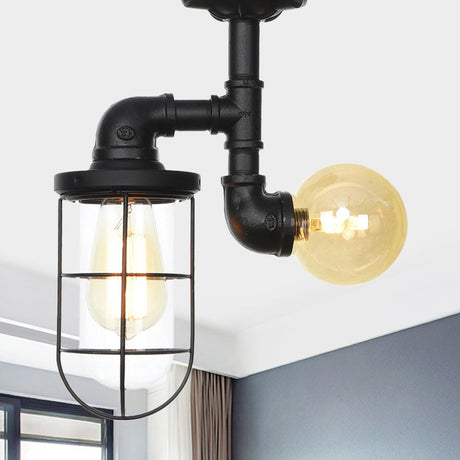 Vintage Black Ceiling Mounted Light With Clear Glass Orb And Cage For Corridors (2 Lights) / B
