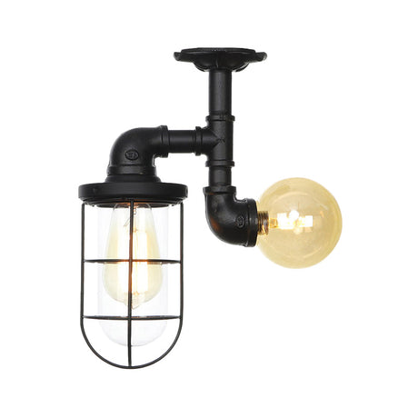 Vintage Black Ceiling Mounted Light With Clear Glass Orb And Cage For Corridors (2 Lights)