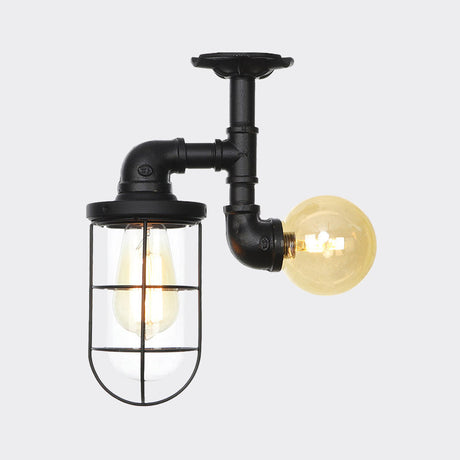 Vintage Black Ceiling Mounted Light With Clear Glass Orb And Cage For Corridors (2 Lights)