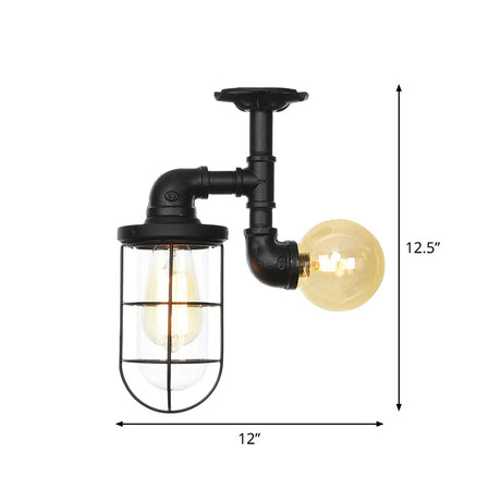 Vintage Black Ceiling Mounted Light With Clear Glass Orb And Cage For Corridors (2 Lights)