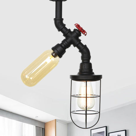 Vintage Black Ceiling Mounted Light With Clear Glass Orb And Cage For Corridors (2 Lights) / C