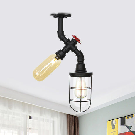 Vintage Black Ceiling Mounted Light With Clear Glass Orb And Cage For Corridors (2 Lights)