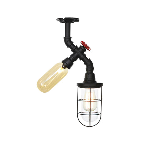 Vintage Black Ceiling Mounted Light With Clear Glass Orb And Cage For Corridors (2 Lights)