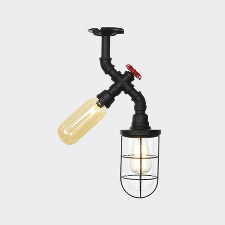 Vintage Black Ceiling Mounted Light With Clear Glass Orb And Cage For Corridors (2 Lights)