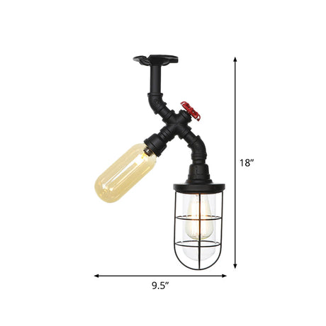 Vintage Black Ceiling Mounted Light With Clear Glass Orb And Cage For Corridors (2 Lights)