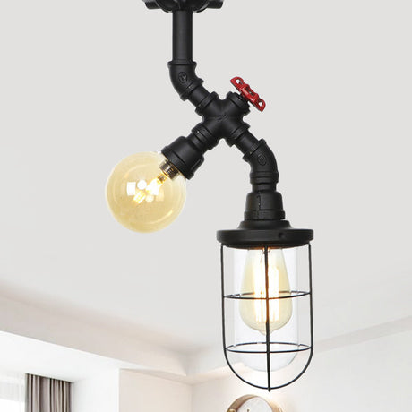 Vintage Black Ceiling Mounted Light With Clear Glass Orb And Cage For Corridors (2 Lights) / D