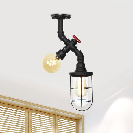 Vintage Black Ceiling Mounted Light With Clear Glass Orb And Cage For Corridors (2 Lights)