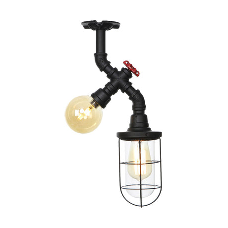 Vintage Black Ceiling Mounted Light With Clear Glass Orb And Cage For Corridors (2 Lights)