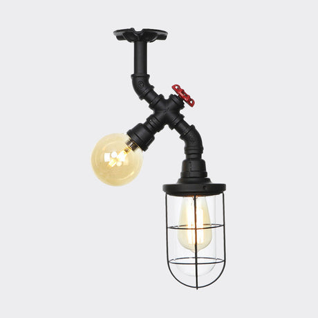 Vintage Black Ceiling Mounted Light With Clear Glass Orb And Cage For Corridors (2 Lights)