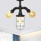 Industrial Black 3-Head Foyer Semi Flush Mount With Glass Ball/Capsule And Cage