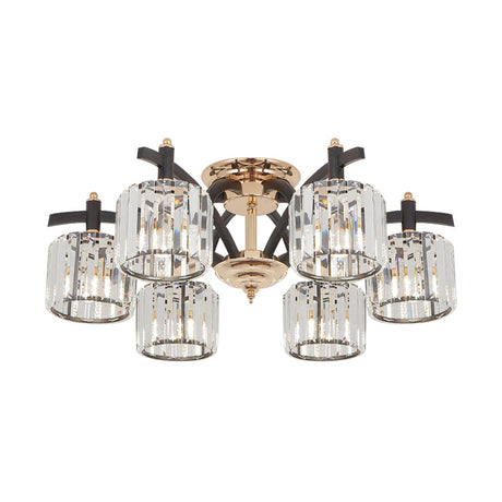 Modern Black & Gold Cylinder Crystal Block Semi Flush Light - Bedroom Ceiling Lamp (3/6 Heads)
