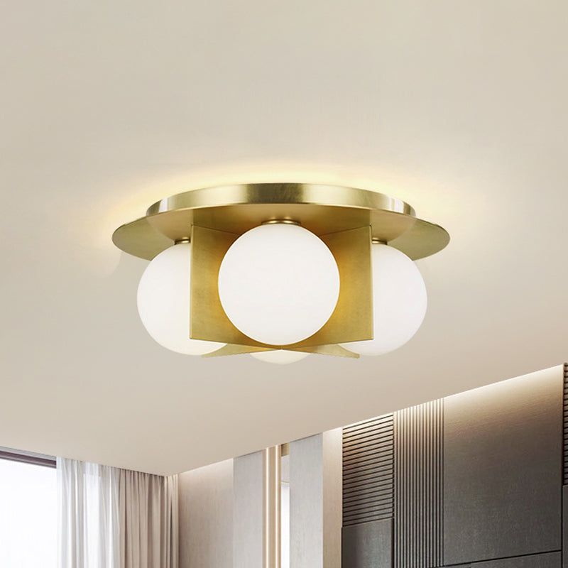 Postmodern Bedroom Ceiling Lamp: 3-Light Flush Mount With Black/Gold/Chrome Finish & Milky Glass