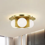 Postmodern Bedroom Ceiling Lamp: 3-Light Flush Mount With Black/Gold/Chrome Finish & Milky Glass