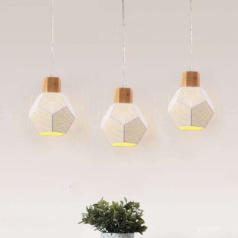 Nordic Iron Mesh Pendant Lamp With Faceted Bottle Design - 3 White And Wood Bulbs For Multi-Light