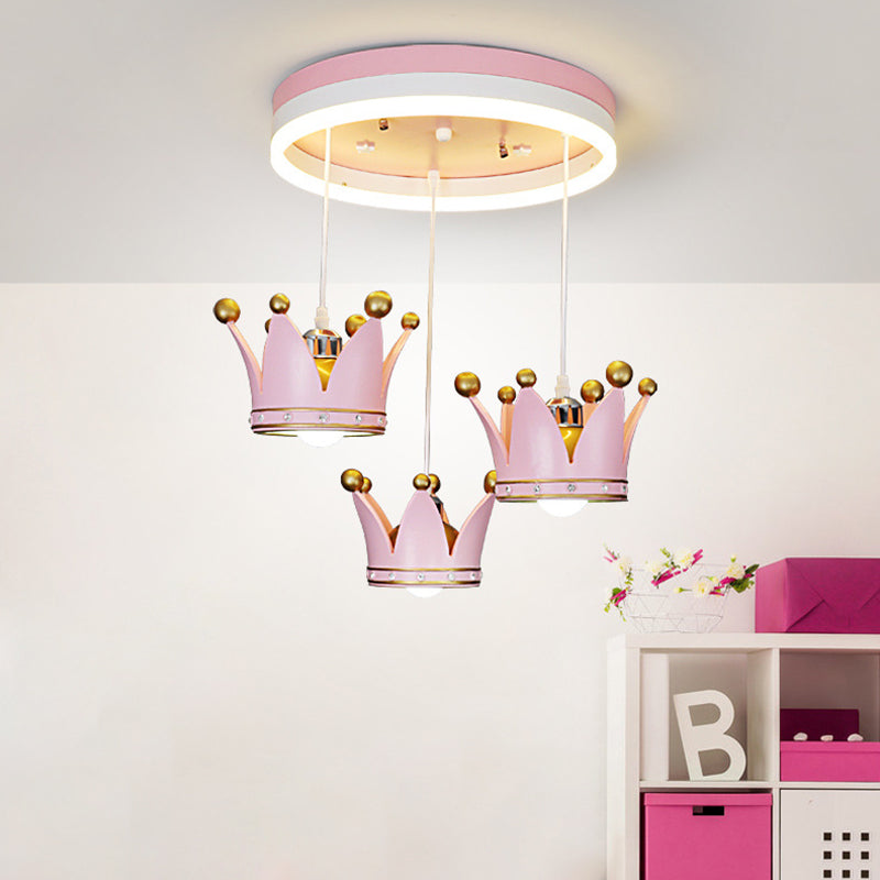 Kids 3-Light Pink Led Flush Ceiling Lamp With Acrylic Loop Shape And Crown Draping Shade