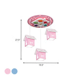 Cartoon 3-Bulb Wood Draping House Ceiling Light Fixture In Pink/Blue